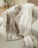 Fennco Styles Stripe Faux Fur Fleece Reversible Throw Blanket 60" W X 80" L - Beige Plush Fluffy Soft Blanket for Home, Couch, Bedroom, Living Room, Office, and Holiday Décor