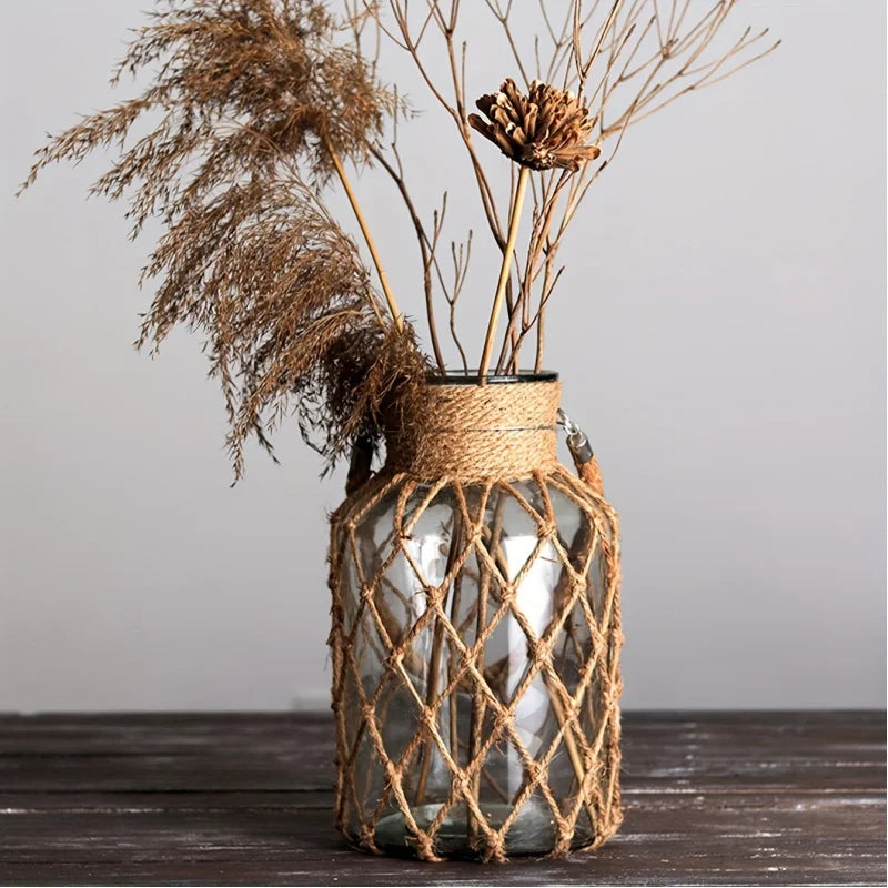 Hand-Woven Hemp Glass Vase