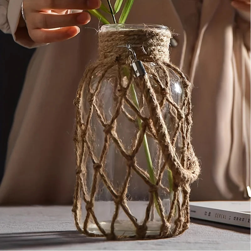 Hand-Woven Hemp Glass Vase