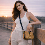 Signature Stirrup - Riding Stirrup Crossbody Luxury Leather Handbag in Black on Chestnut