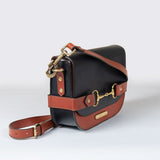 Saratoga- Horse Bit Crossbody Luxury Leather Handbag in Cognac on Black