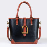 Signature - Riding Stirrup Tote Luxury Leather Handbag in Cognac on Black